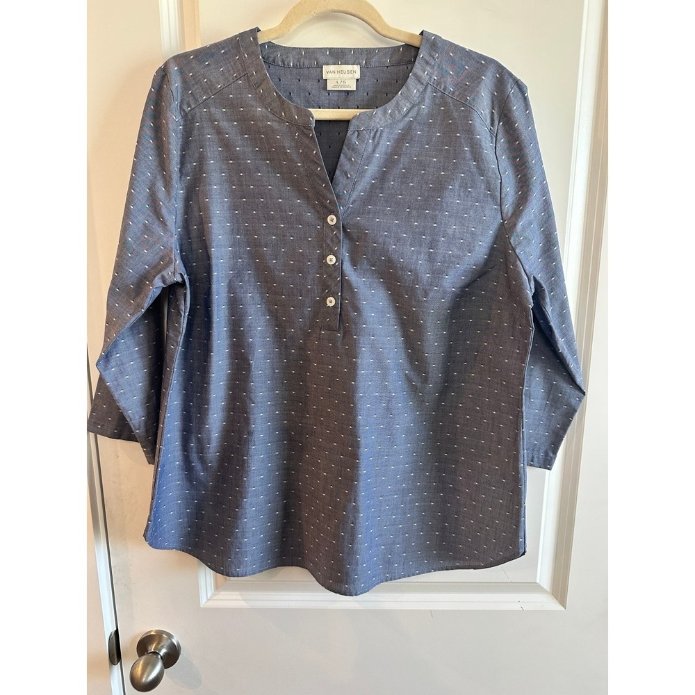 Van Heusen Blouse Shirt Top Women's L Spring  Summer 3/4 Sleeve Classic Blue